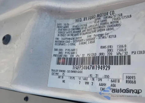 2007 Ford Focus S/Se/Ses from USA, damaged, VIN 1FAFP34N47W194929